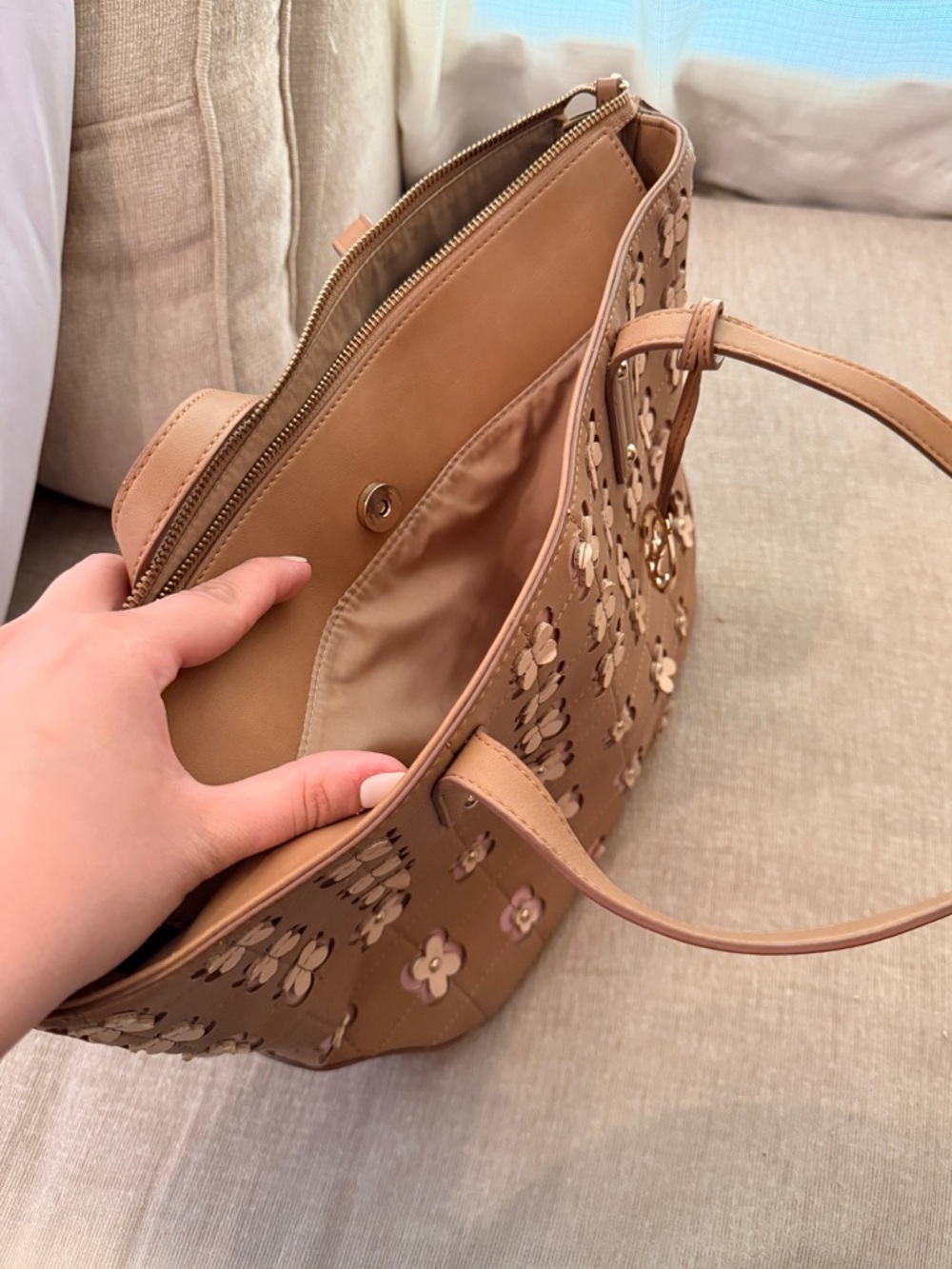 Nine West Brown Floral Appliqué Quilted Tote Bag with Pink Clover Accents - Picture 3 of 5